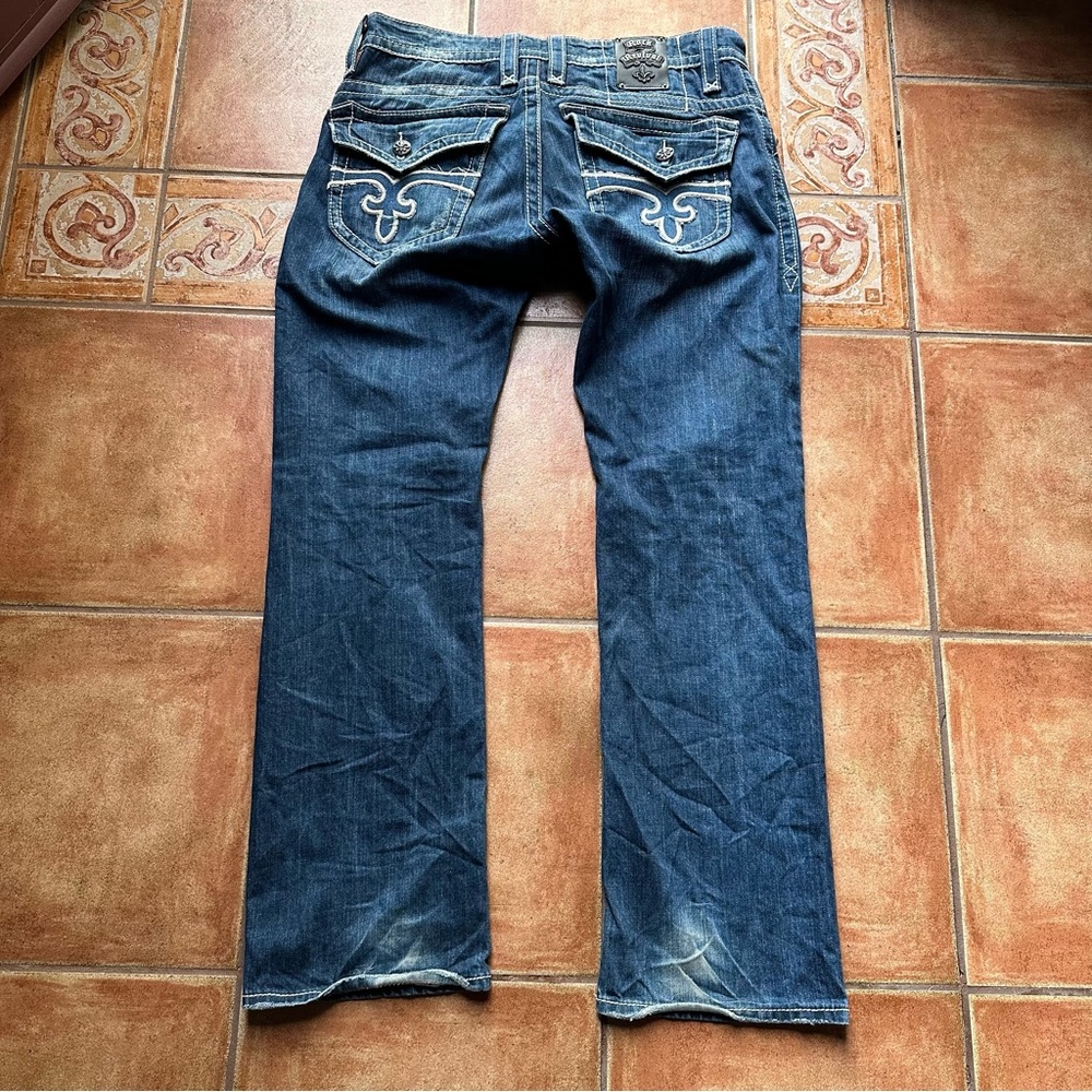 Rock Revival Paul Straight Jeans Distressed Flap Pocket Thick Stitch Size 34x33